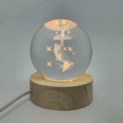 Mini Luminária Fé 3D bola de Vidro base de Madeira e Led – 14949